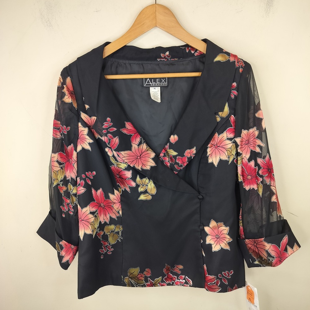 Alex Evenings Floral Blouse XL Faux Wrap Sheer Sleeve Formal Party Top Black